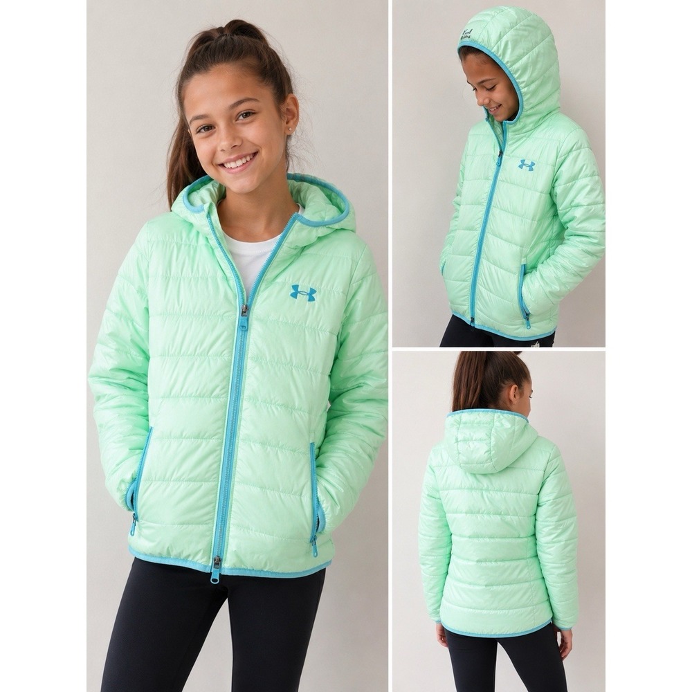 Under Armour Junior ColdGear Hooded Insulated Full Zip Puf Jacket Girls M Green